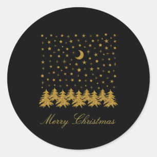 Sticker Rond Arbre de Noël en or brillant, lune, étoiles sur no