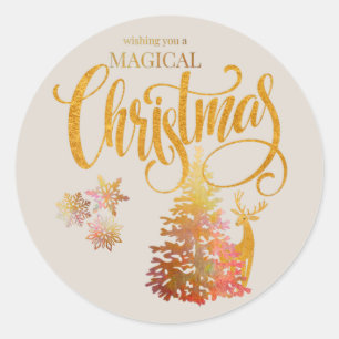 Sticker Rond Arbre de Noël en or magique et Champagne au renne