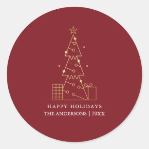 Sticker Rond Arbre de Noël en or minimal rouge moderne