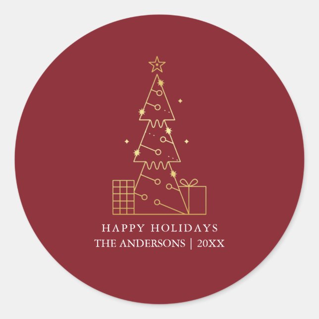 Sticker Rond Arbre de Noël en or minimal rouge moderne (Devant)