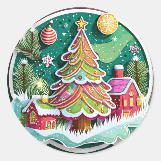Sticker Rond Arbre de Noël et cabanes