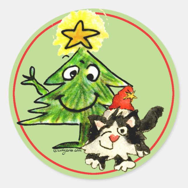 Sticker Rond Arbre de Noël et chat-chat (Devant)