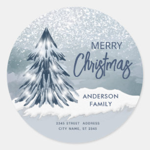 Sticker Rond Arbre de Noël hivernal à paillettes aquarelle