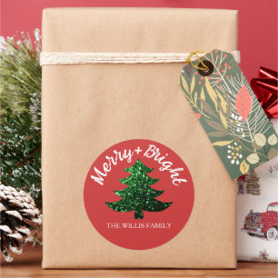 Sticker Rond Arbre de Noël joyeux scintillant personnalisé