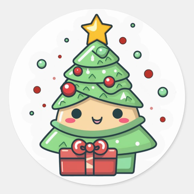 Sticker Rond Arbre de Noël Kawaii (Devant)
