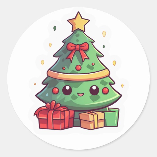 Sticker Rond Arbre de Noël Kawaii (Devant)