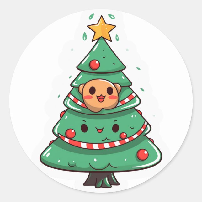 Sticker Rond Arbre de Noël Kawaii (Devant)