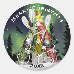Sticker Rond Arbre de Noël Kayak sous l'Aurora Borealis