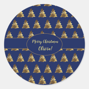 Sticker Rond Arbre de Noël Marine Bleu et Or Élégant