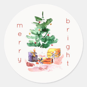 Sticker Rond Arbre de Noël moderne "Joyeux et lumineux" Minimal