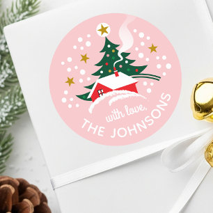 Sticker Rond Arbre de Noël Nom personnalisé Neige Vintage rose