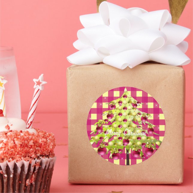 Sticker Rond Arbre de Noël Ornements rose Plum or (Fête)