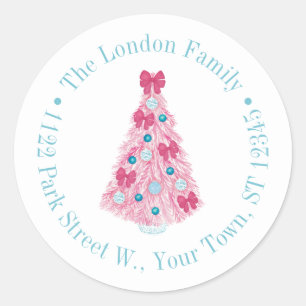 Sticker Rond Arbre de Noël rose gras avec adresse de retour Tur