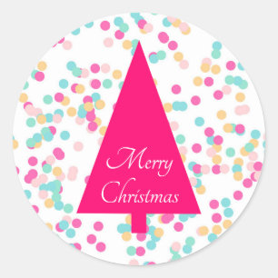Sticker Rond Arbre de Noël rose Joyeux Noël Typographie