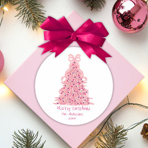 Sticker Rond Arbre de Noël Rose Ruban Rose