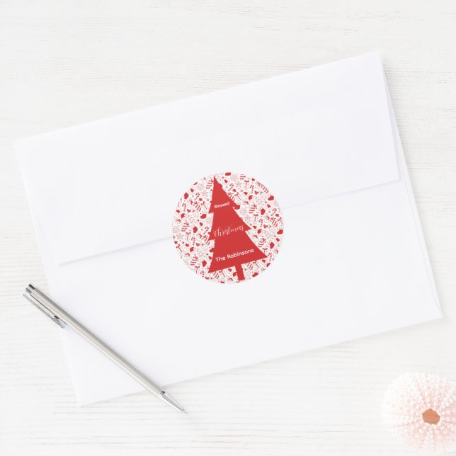 Sticker Rond Arbre de Noël rouge Noël Doodle Art (Enveloppe)