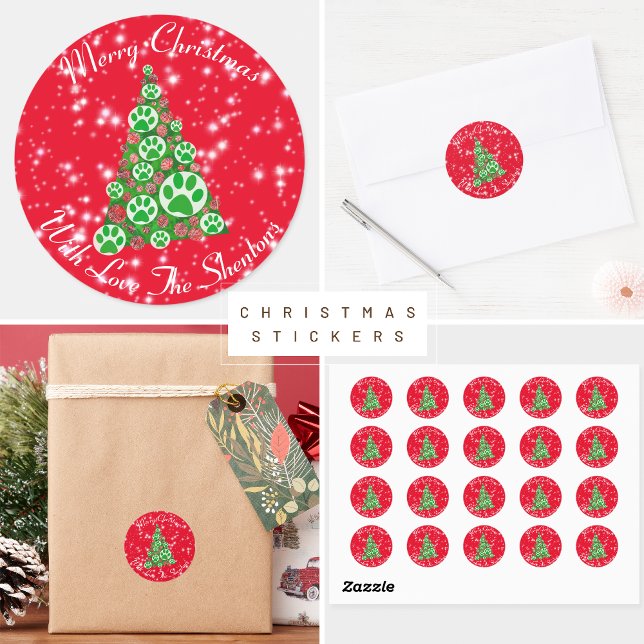 Sticker Rond Arbre de Noël Rouge Paw Animal Vert (Green paws animal Christmas Stickers)