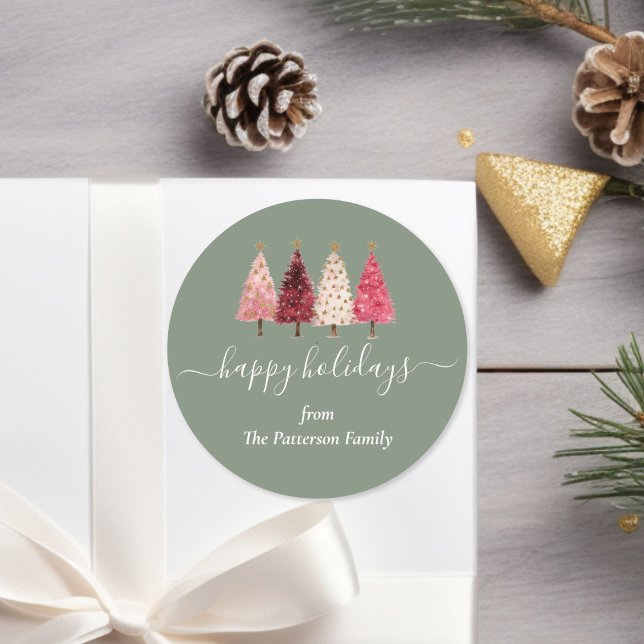 Sticker Rond Arbre de Noël Rouge rose (Christmas Tree Red Pink Green Custom Classic Round Sticker)