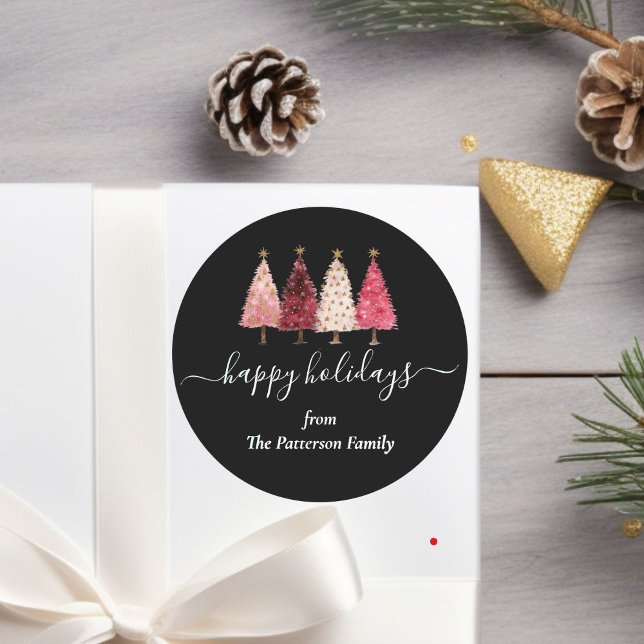 Sticker Rond Arbre de Noël Rouge rose (Christmas Tree Red Pink Green Custom Classic Round Sticker)