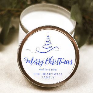 Sticker Rond Arbre de Noël Ruban Bleu Argent Script Joyeux Noël