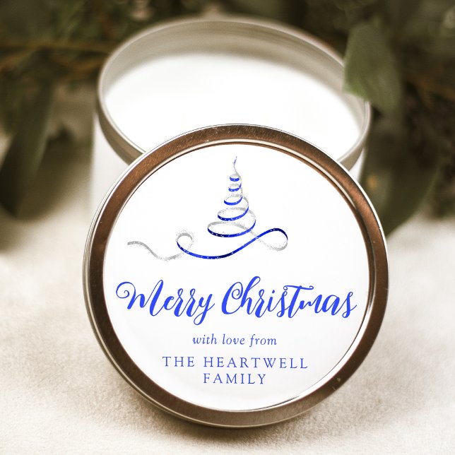 Sticker Rond Arbre de Noël Ruban Bleu Argent Script Joyeux Noël (Créateur téléchargé)