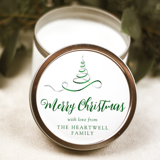 Sticker Rond Arbre de Noël Ruban Vert Argent Script Joyeux Noël (Créateur téléchargé)