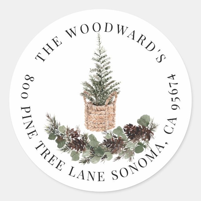 Sticker Rond Arbre de Noël rustique Rameaux de pin Adresse de r (Devant)