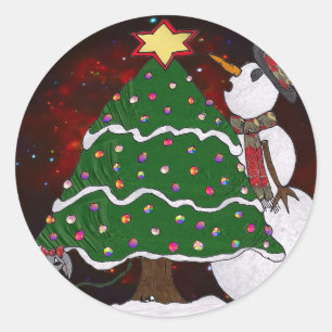 Sticker Rond Arbre de Noël Snowman Surprise Art Imprimer