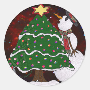 Sticker Rond Arbre de Noël Snowman Surprise Art Imprimer