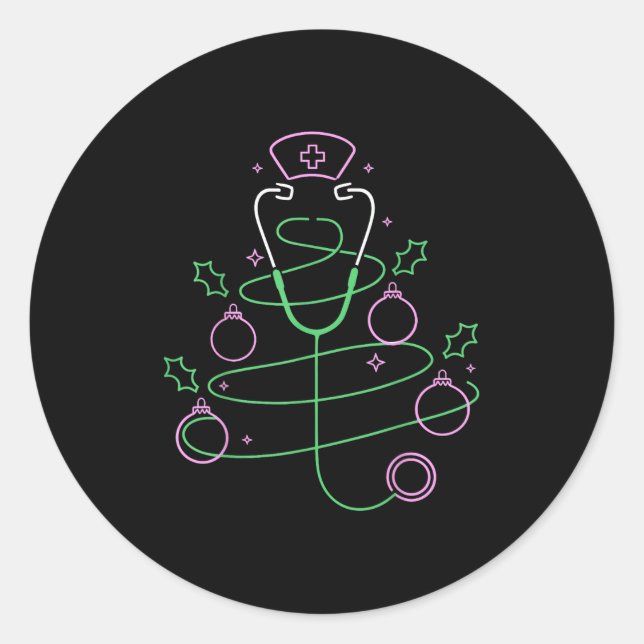 Sticker Rond Arbre de Noël Stethoscope Infirmière Noël (Devant)