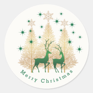 Sticker Rond Arbre de Noël vert et or, rennes