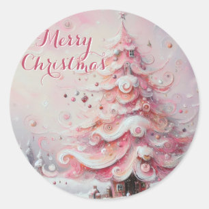 Sticker Rond Arbre de Noël Whimsical Pink White Swirls Neige