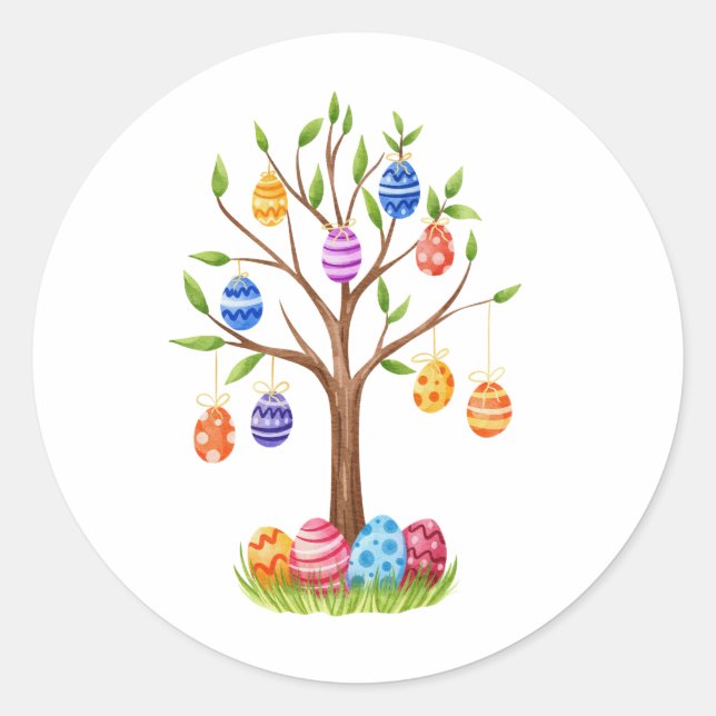 Sticker Rond Arbre de Pâques aquarelle avec œufs décorés suspen (Devant)