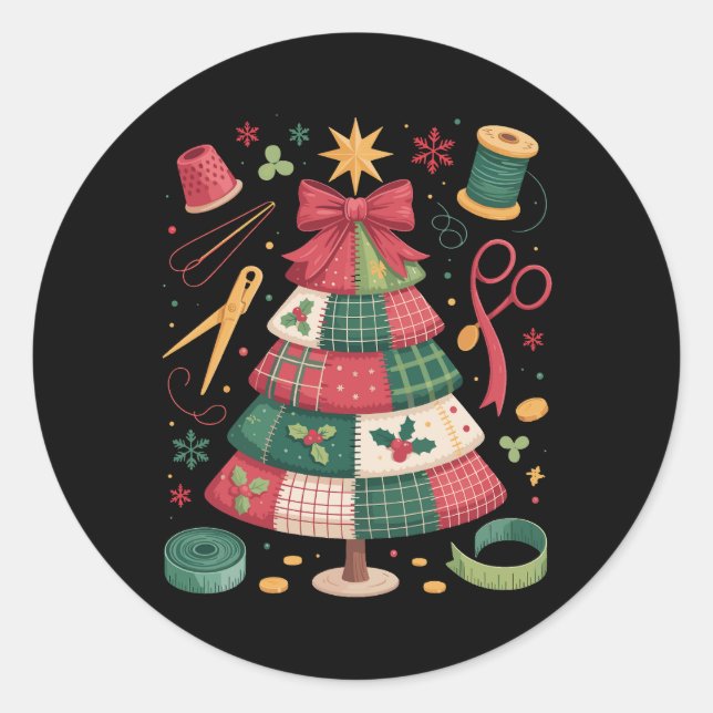 Sticker Rond Arbre de patchwork de Noël Couture Quilter Xmas (Devant)