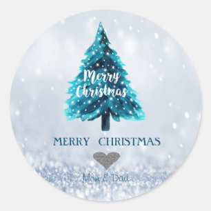Sticker Rond Arbre de pin adorable, Bokeh scintillant bleu