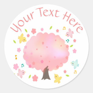 Sticker Rond Arbre de printemps et oiseaux personnalisés