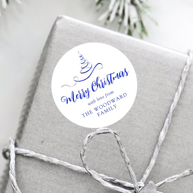 Sticker Rond Arbre de ruban bleu argent Joyeux Noël Script (Créateur téléchargé)