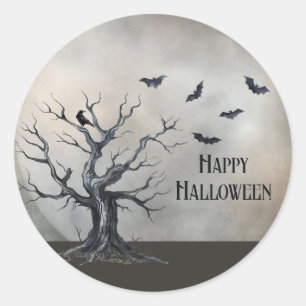 Sticker Rond Arbre d'Halloween éffrayant avec corbeau et chauve