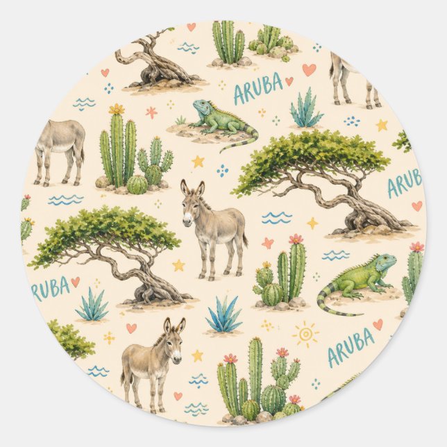 Sticker Rond Arbre divi d'Aruba, âne, iguane, cactus (Devant)