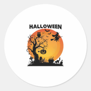 Sticker Rond Arbre effrayant Halloween Sorcière volante Lune or