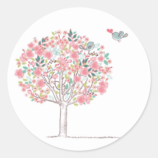 Sticker Rond Arbre en fleurs et oiseaux en amour (Devant)