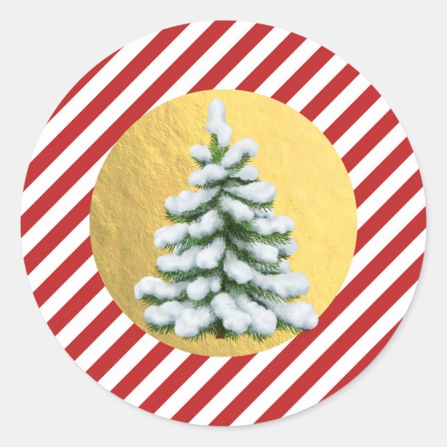 Sticker Rond Arbre enneigé Noël Rayures Rouges Feuille d'Or (Devant)
