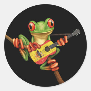Sticker Rond Arbre grenouille Jouer drapeau espagnol Guitare No