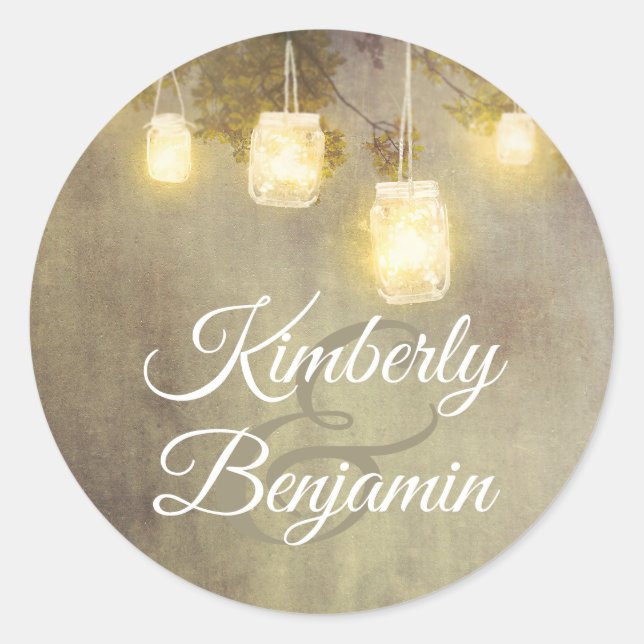 Sticker Rond Arbre Mason Jar illumine le Mariage campagnard rus (Devant)
