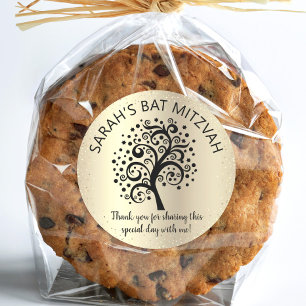 Sticker Rond Arbre noir bat mitzvah de vie Script Gold Foil