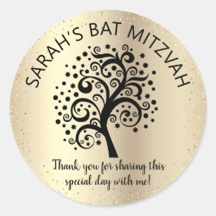 Sticker Rond Arbre noir bat mitzvah de vie Script Gold Foil