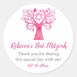 Sticker Rond Arbre rose d'aquarelle de bat mitzvah de la vie