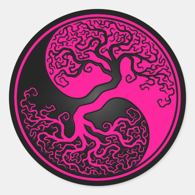 Sticker Rond Arbre rose et noir de la vie Yin Yang (Devant)