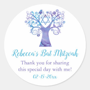Sticker Rond Arbre turquoise pourpre d'aquarelle de bat mitzvah