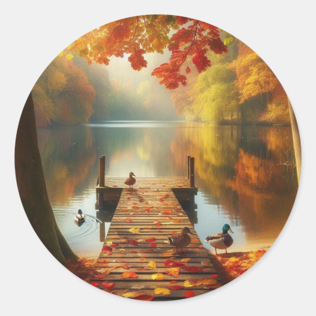 Sticker Rond Arbres d'automne & lac avec canards (Devant)
